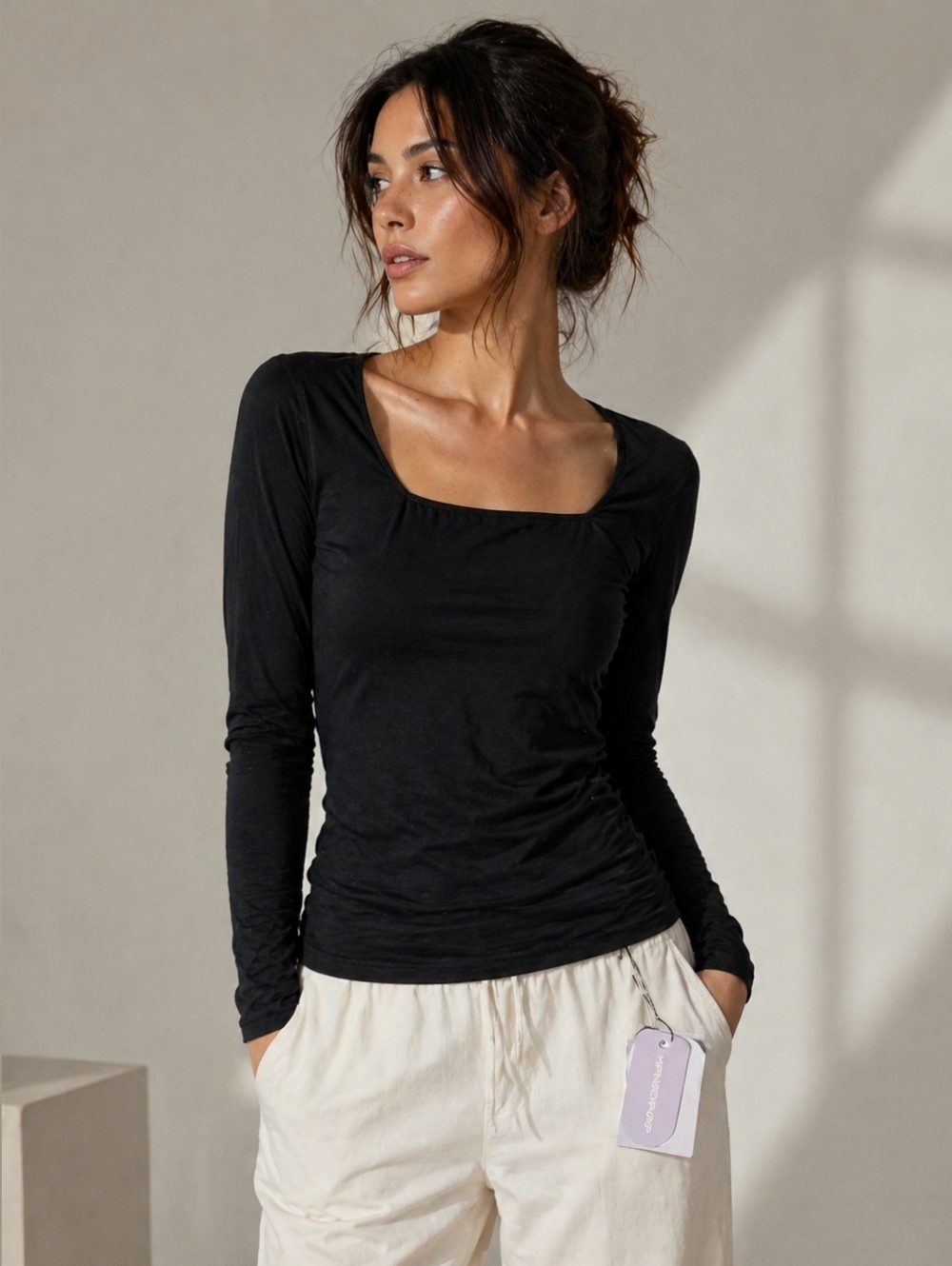 MANGOPOP Black Long‎ Sleeve Square Neck Top XS Fitted Stretch Basic Tee NWT